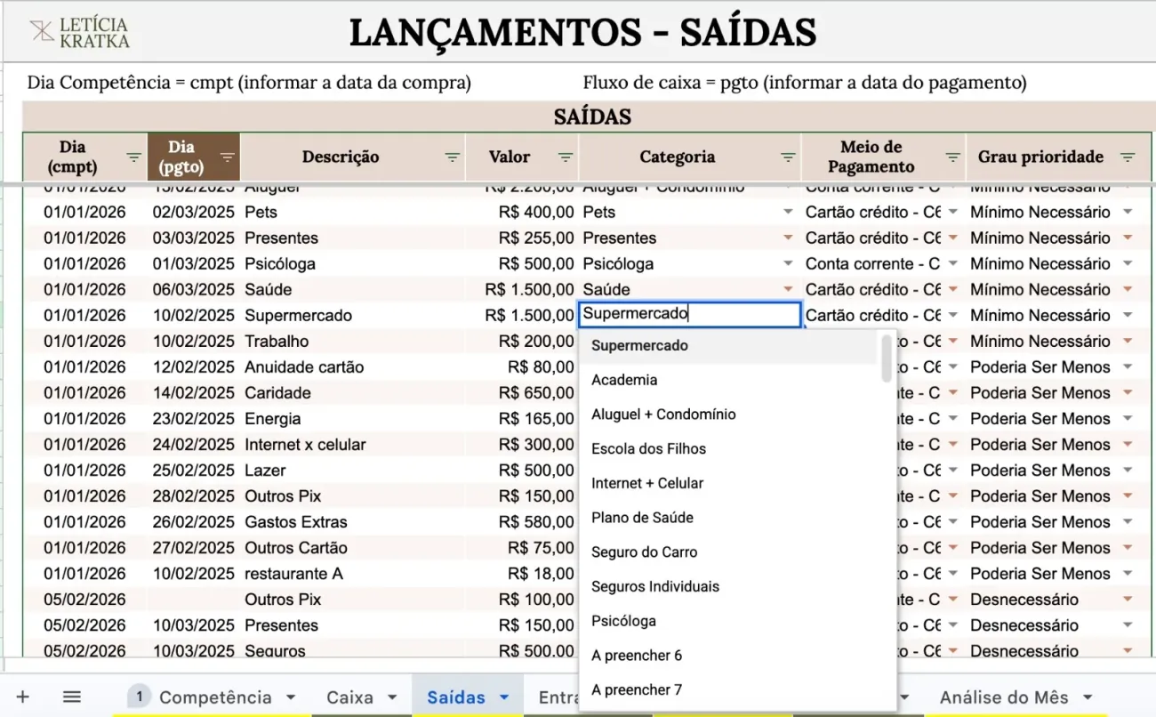 Aba de saídas da planilha
